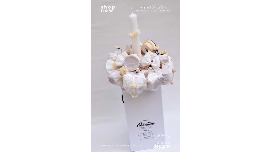 Lumanare de botez cu dantela crem si flori natur uscate Lacy Bloom 1